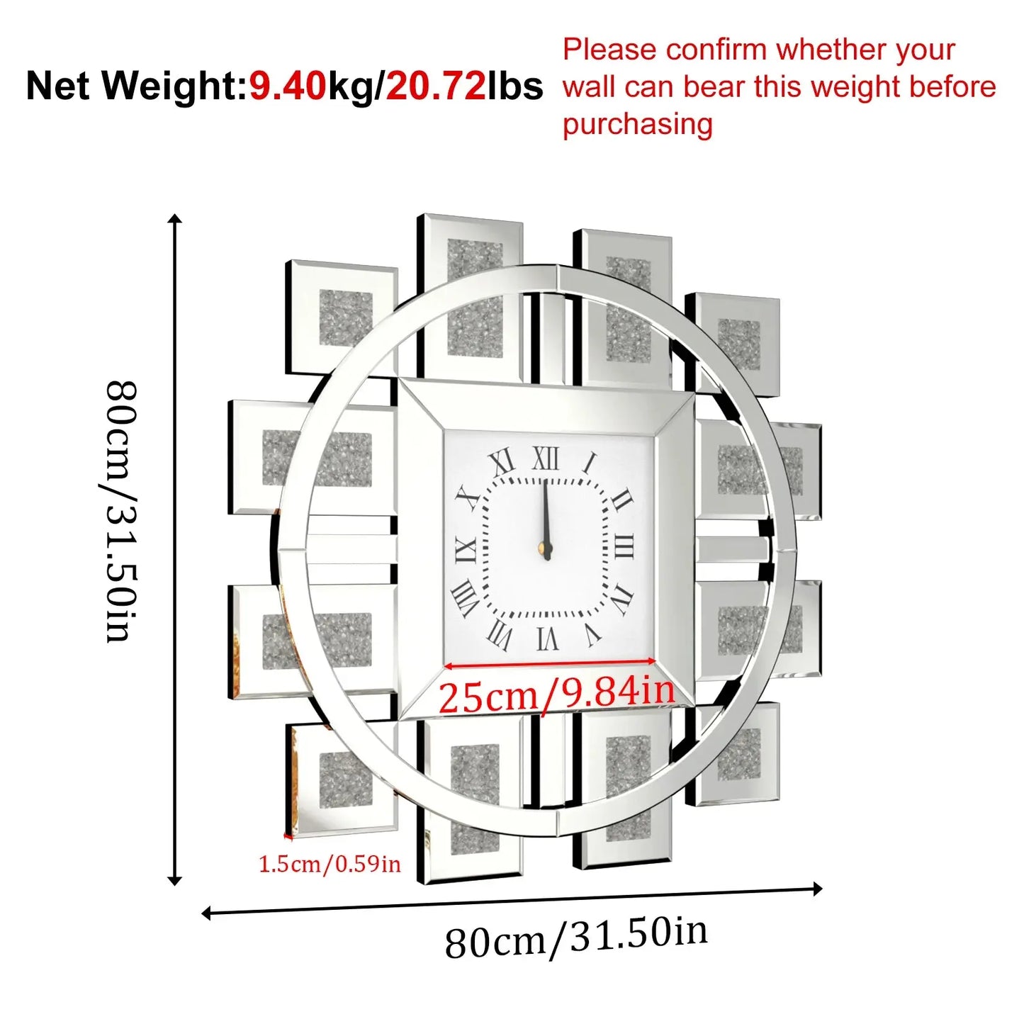 Crushed Diamond Mirrored Silent Wall Clock comfydesigners