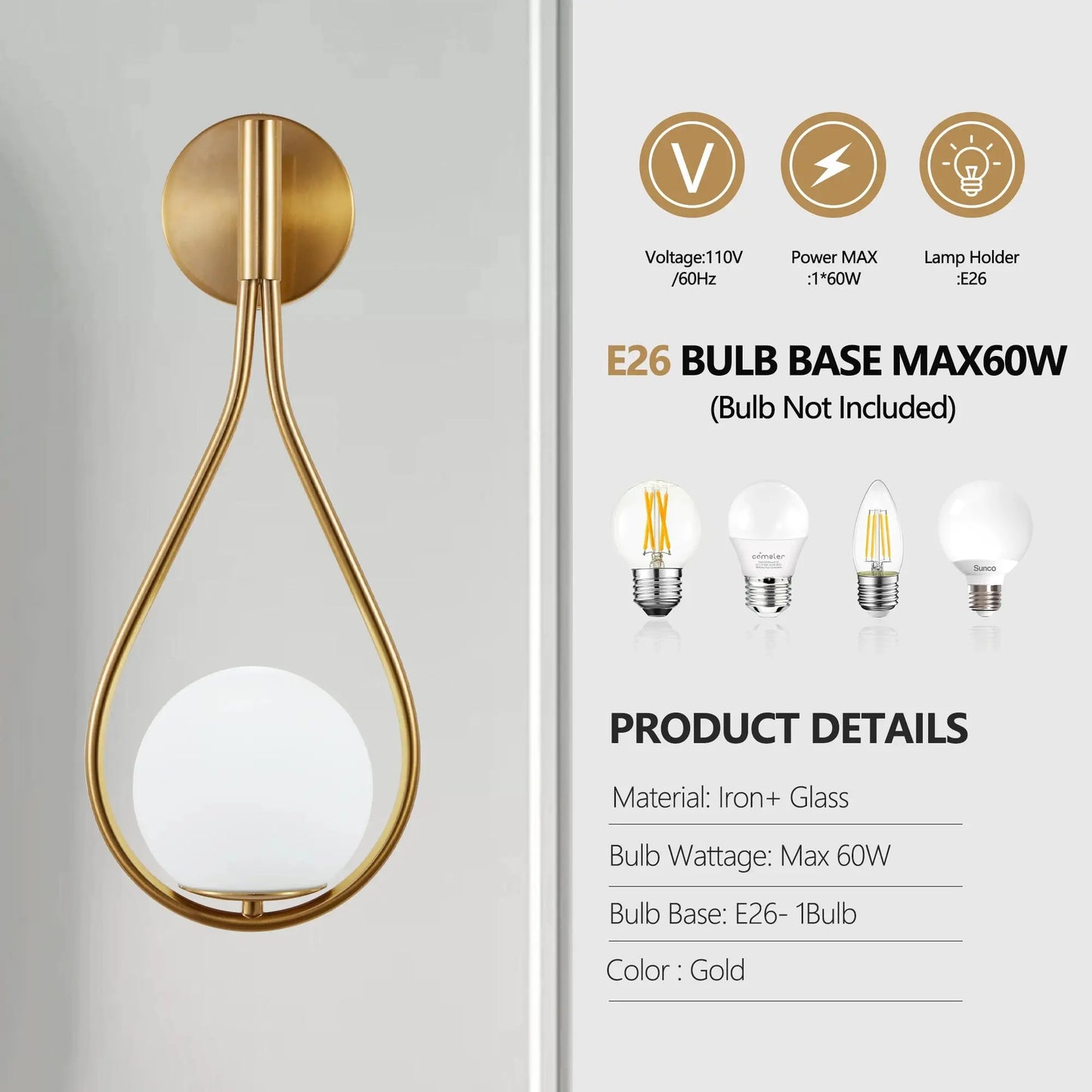 Luxury Golden Wall Sconces with Opal Glass Globe, Set of 2 comfydesigners