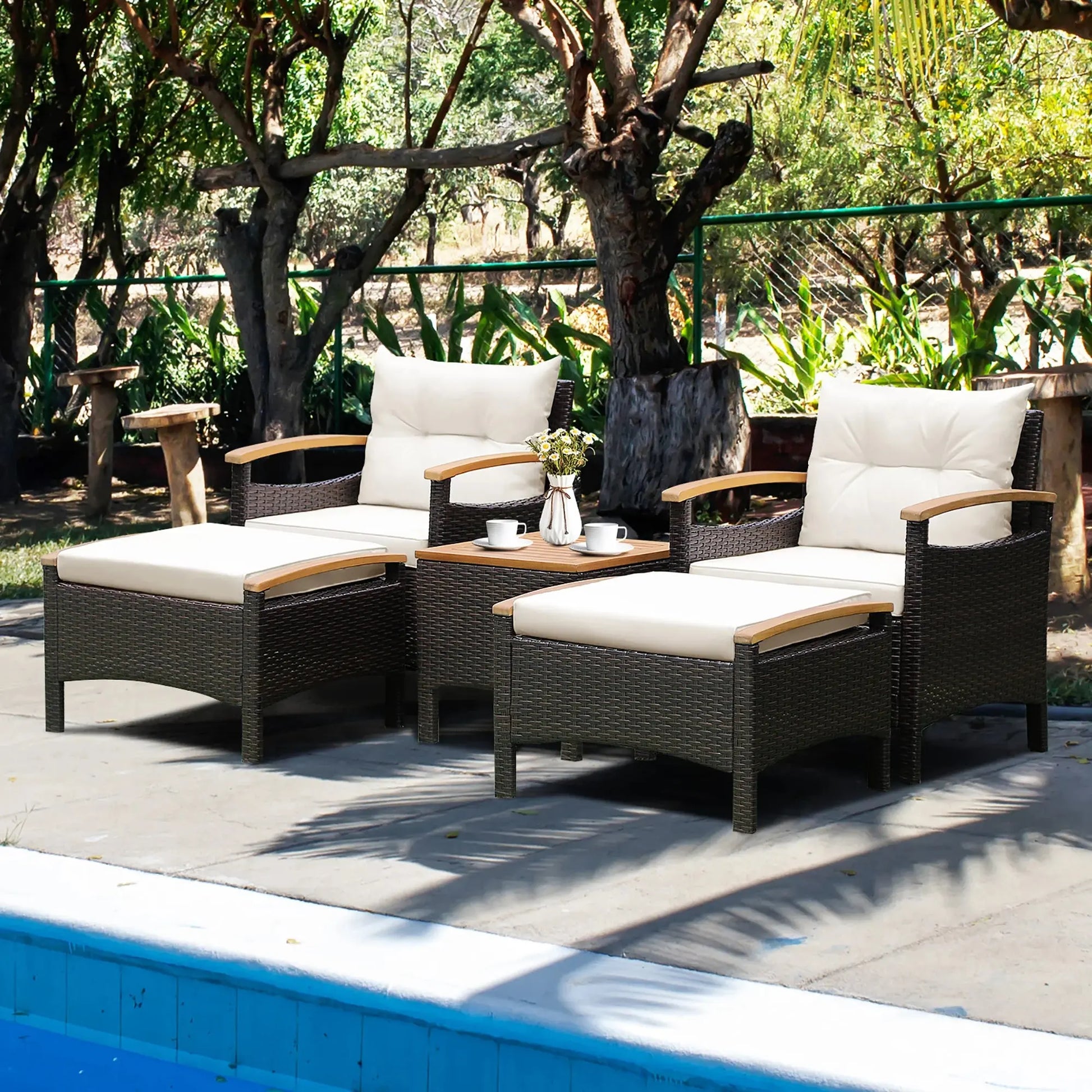 5-Piece Outdoor Rattan Patio Sofa Set | Acacia Wood, All-Weather PE Rattan & Cushions Included comfydesigners