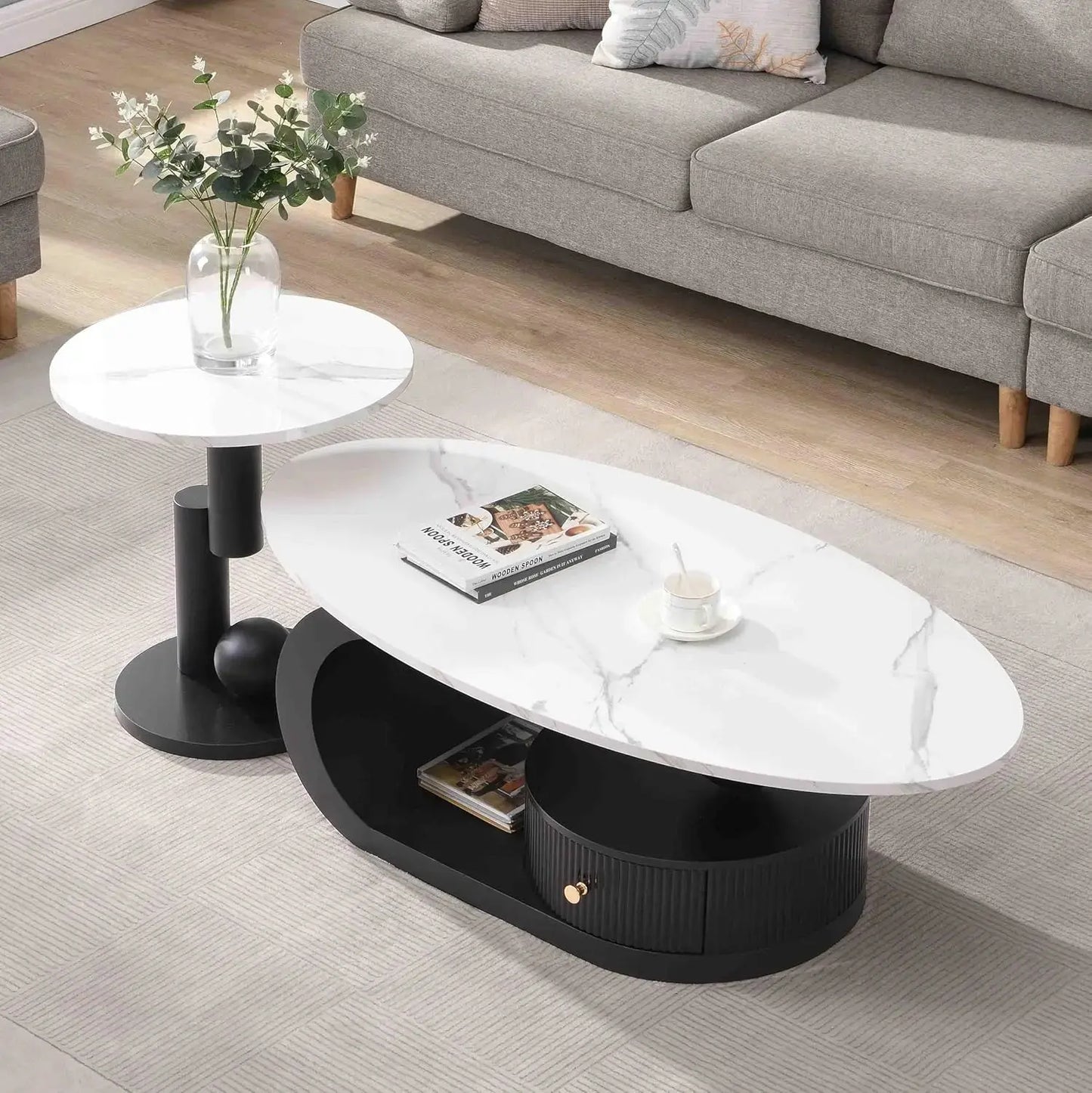 Oval Living Room Table with Faux Marble Top & Silver Stainless Steel Pedestal comfydesigners