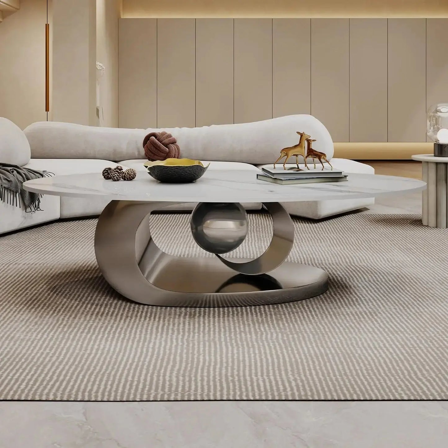 Oval Living Room Table with Faux Marble Top & Silver Stainless Steel Pedestal comfydesigners