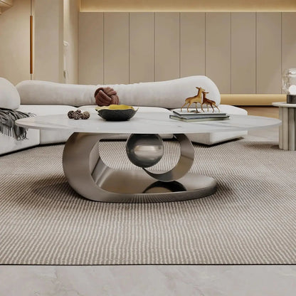Oval Living Room Table with Faux Marble Top & Silver Stainless Steel Pedestal comfydesigners