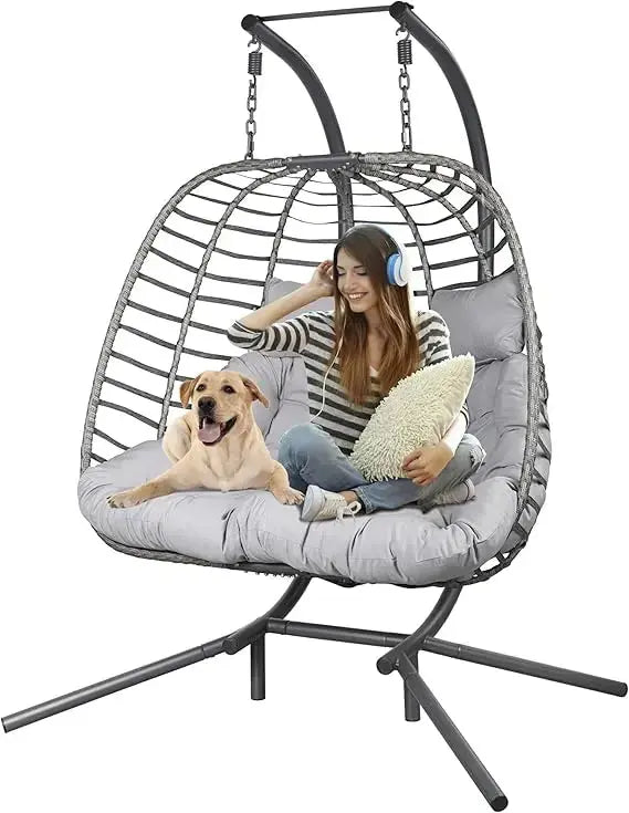 Double Hanging Egg Chair with Stand | 2-Person Indoor & Outdoor Wicker Swing Chair comfydesigners