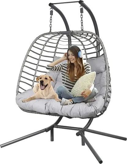 Double Hanging Egg Chair with Stand | 2-Person Indoor & Outdoor Wicker Swing Chair comfydesigners