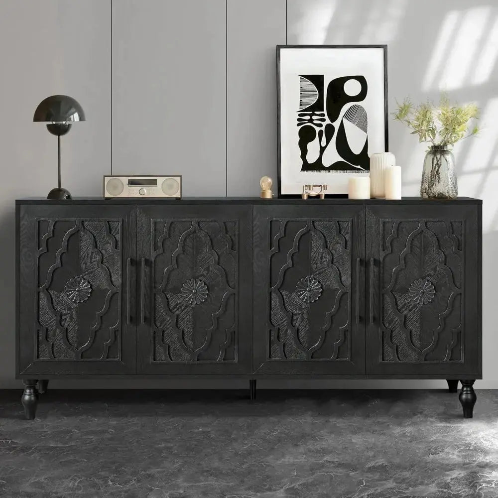 Sideboard Buffet Credenzas for Living Room, 63 Antique Black Entryway Table with Storage Accent Cabinet, Carved Flowers Doors & comfydesigners