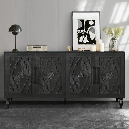 Sideboard Buffet Credenzas for Living Room, 63 Antique Black Entryway Table with Storage Accent Cabinet, Carved Flowers Doors & comfydesigners