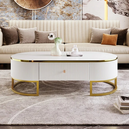 Oval Coffee Table — Gold Accents & Drawers