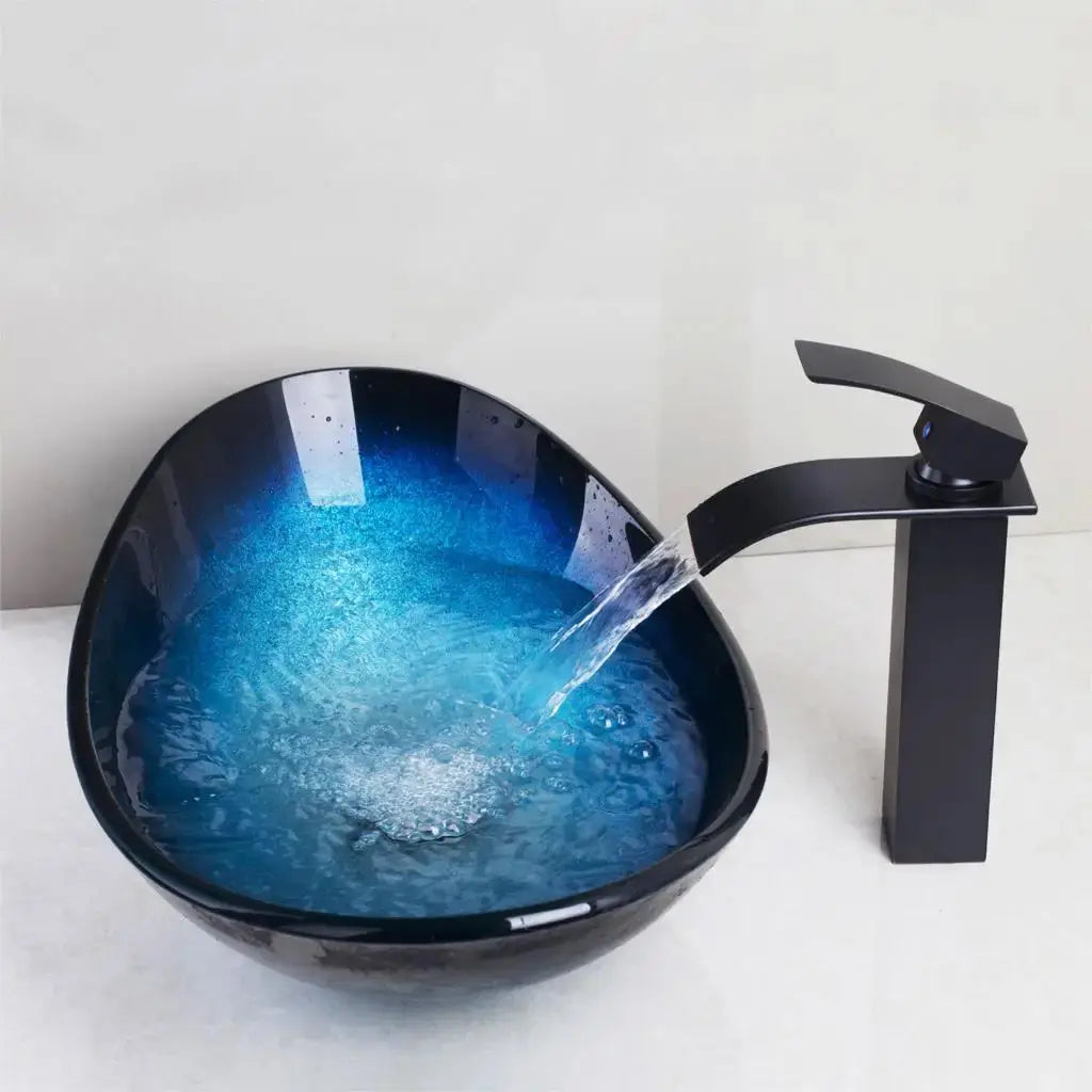 Hand-Painted Glass Vessel Sink with Waterfall Faucet | Oversized Oval Countertop Bathroom Sink comfydesigners