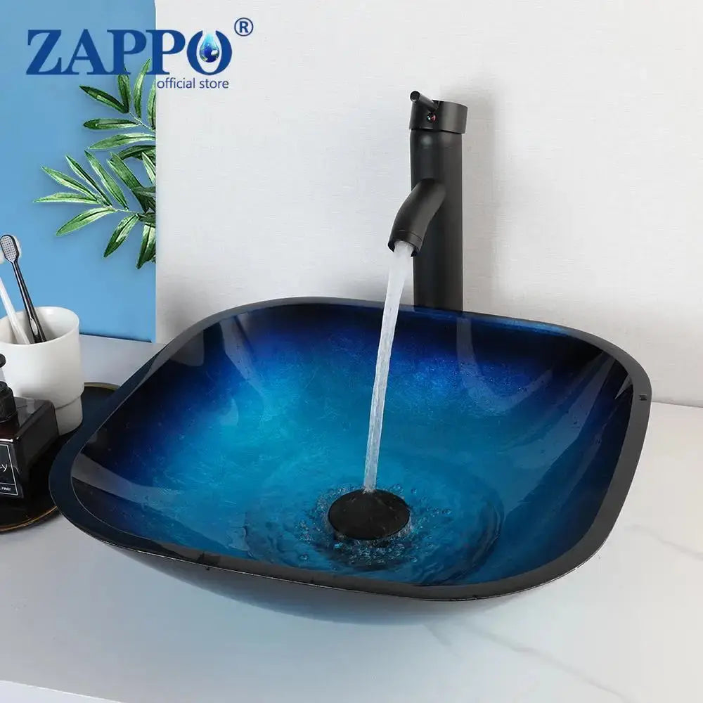 Hand-Painted Tempered Glass Vessel Sink with Waterfall Black Faucet | 22" Countertop Bathroom Sink comfydesigners