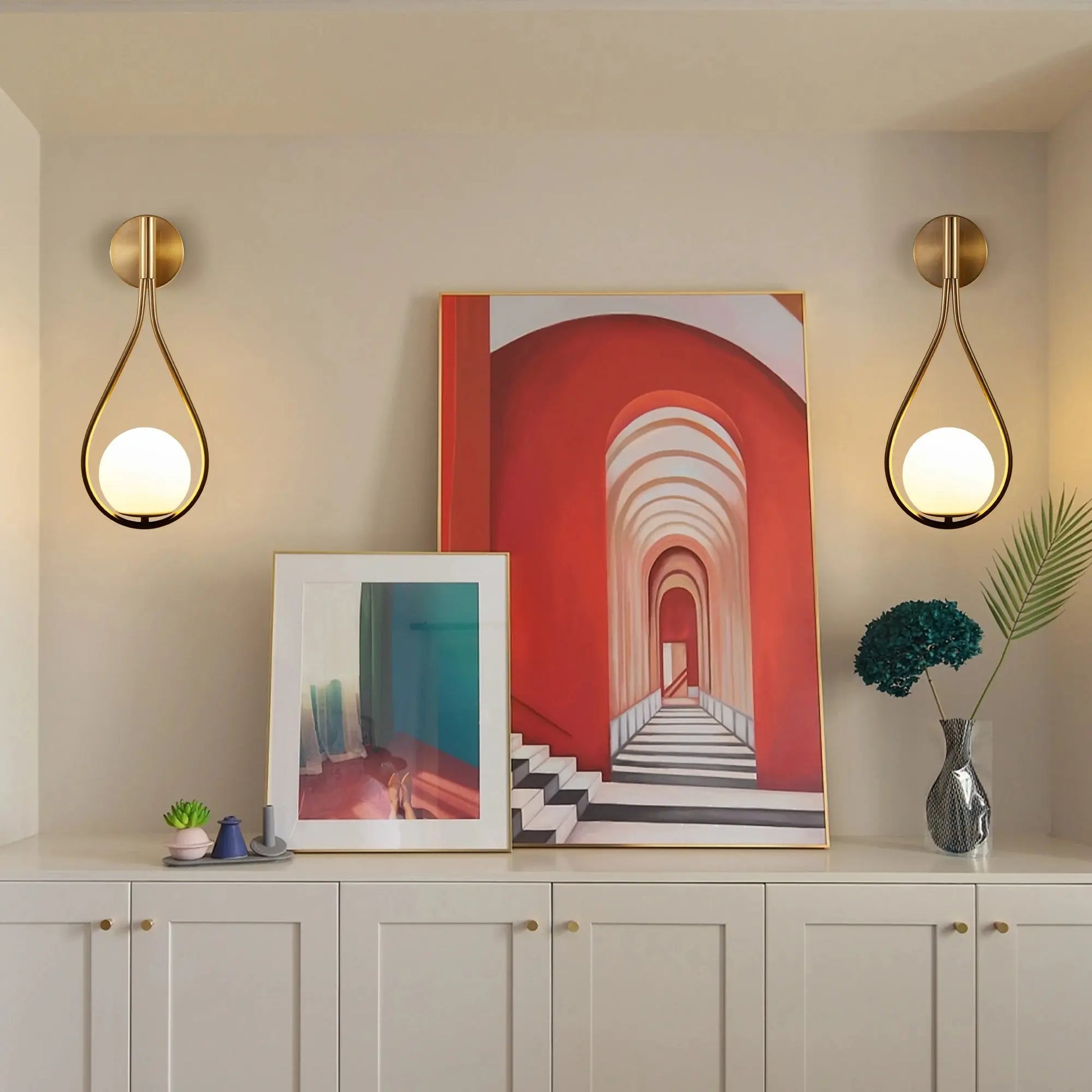 Luxury Golden Wall Sconces with Opal Glass Globe, Set of 2 comfydesigners