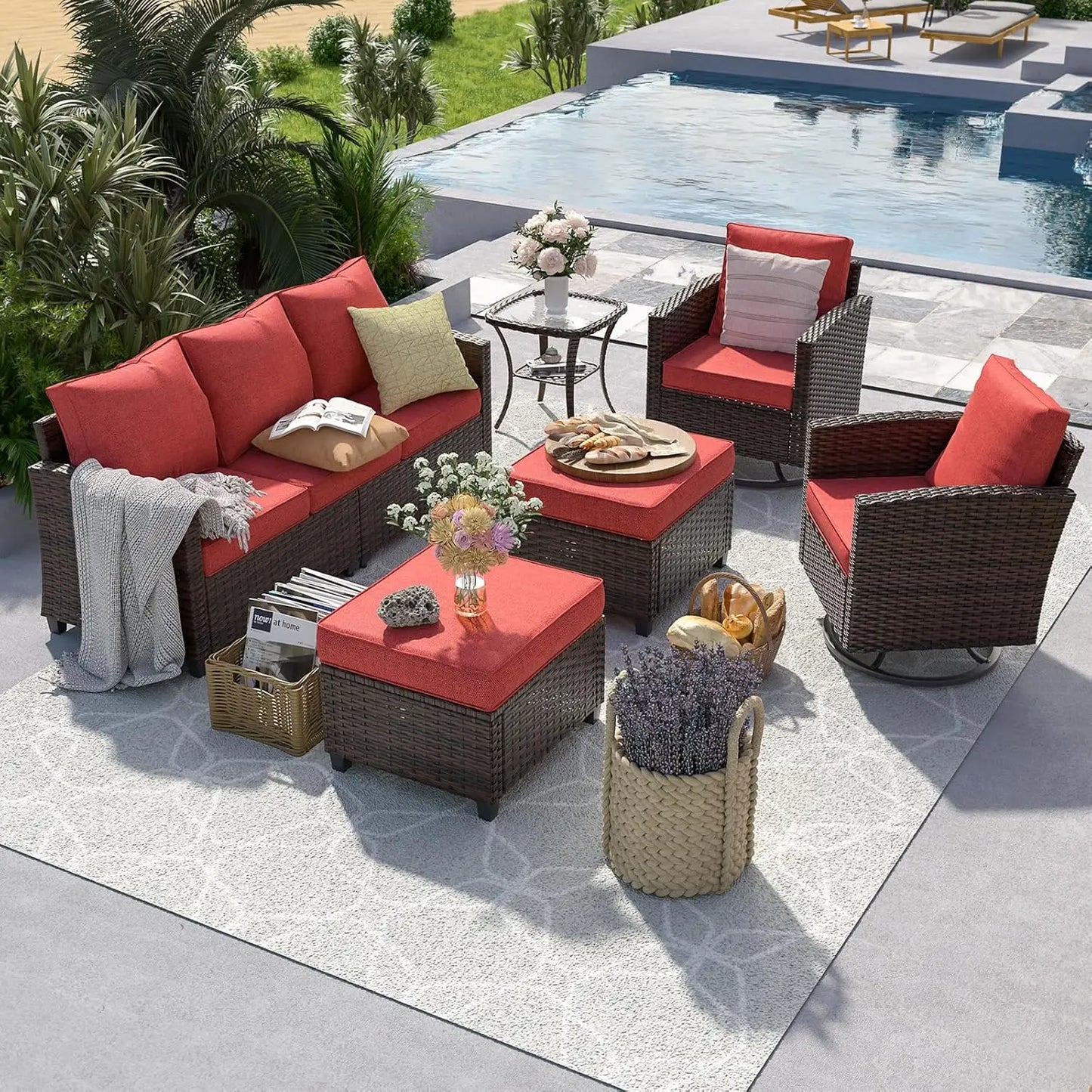 6-Piece Rattan Patio Sofa Set with Swivel Chairs