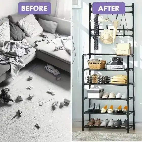 Five Tiers of Order. One Slim Footprint. — Freestanding 5-Tier Coat, Shoe & Storage Rack comfydesigners