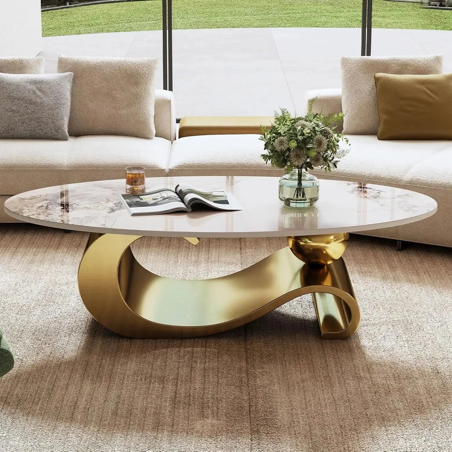 Oval Living Room Table with Faux Marble Top & Silver Stainless Steel Pedestal comfydesigners