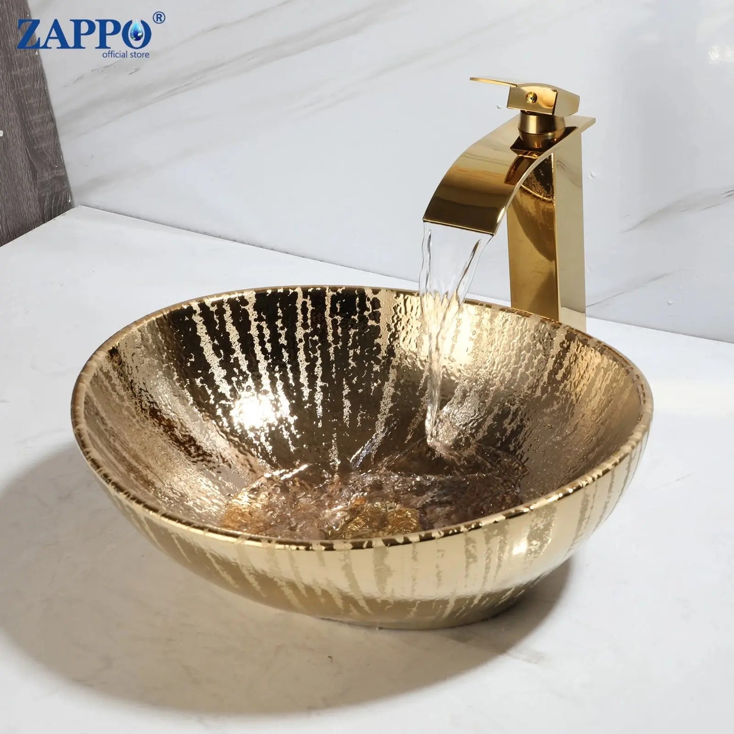 Hand-Painted Marble Ceramic Vessel Sink with Antique Brass Waterfall Faucet | Countertop Bathroom Sink comfydesigners