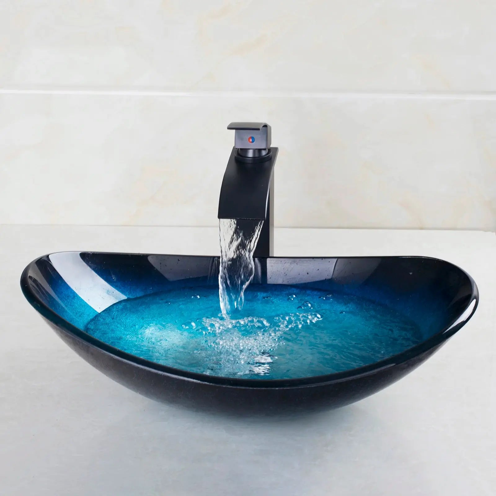 Hand-Painted Glass Vessel Sink with Waterfall Faucet | Oversized Oval Countertop Bathroom Sink comfydesigners