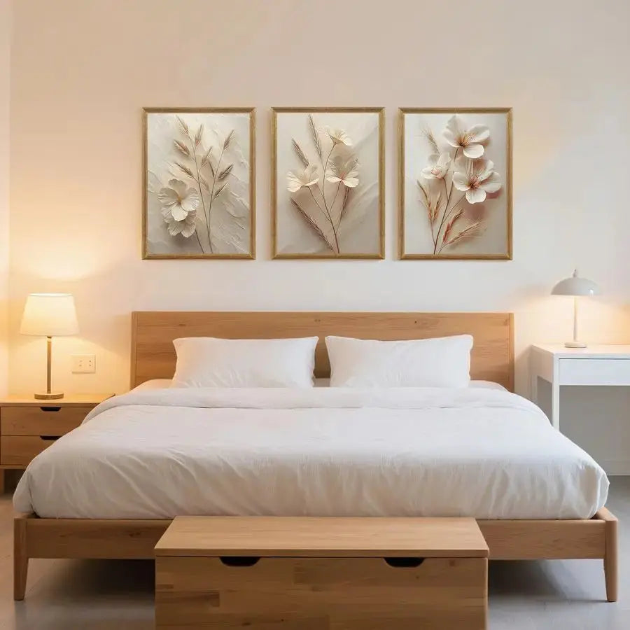 3-Piece Framed Floral Canvas Wall Art | Textured Abstract Botanical Prints, Neutral Beige comfydesigners
