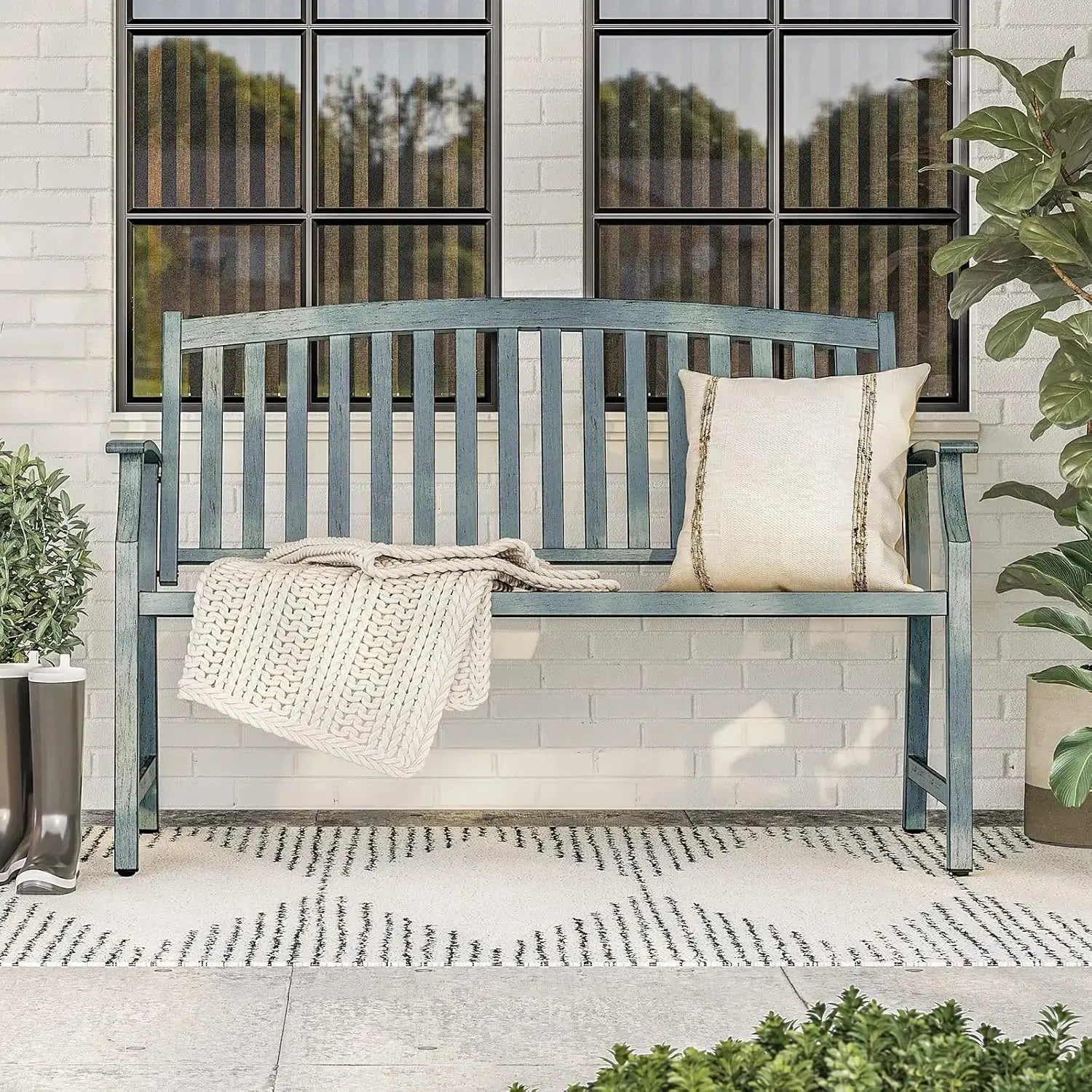 Sit. Stay. Enjoy. — 50" Rust-Resistant Farmhouse Outdoor Bench with Aluminum Seat & Iron Frame comfydesigners