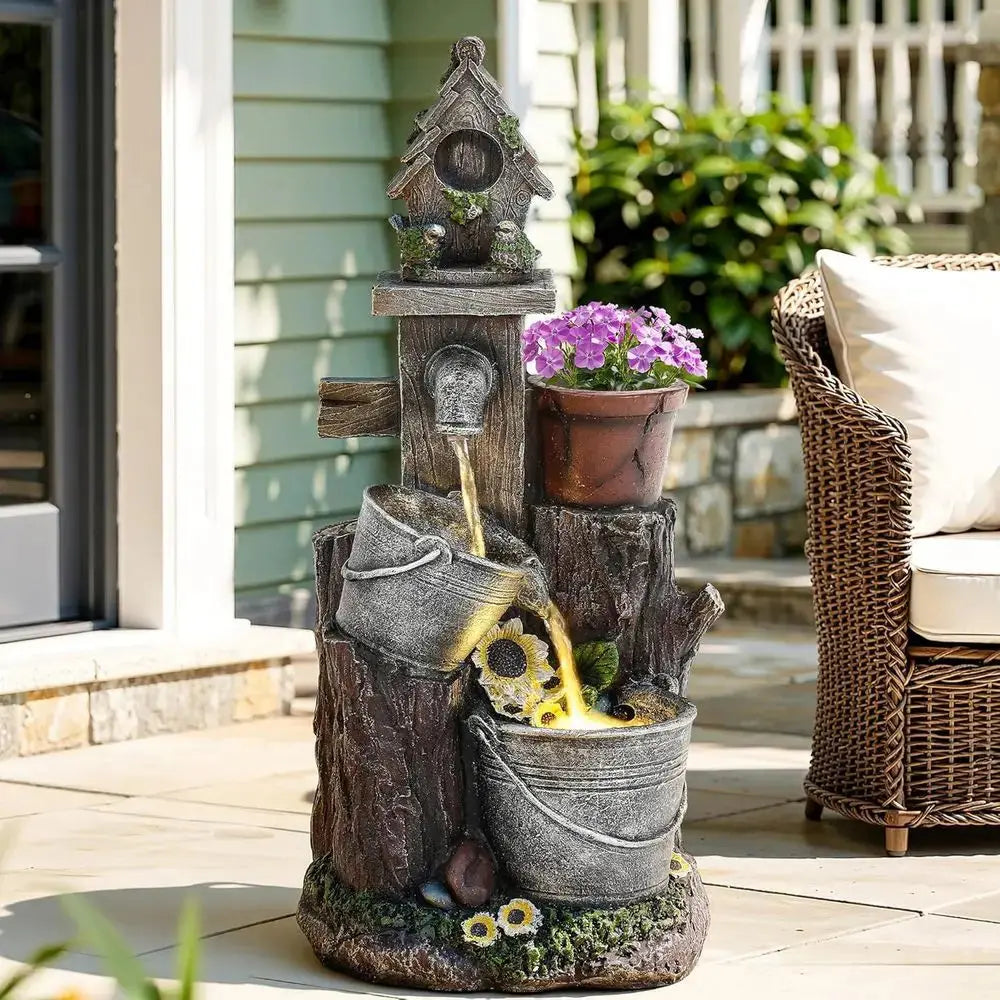 A Little Garden. A Little Magic. A Lot of Peace. — Tree Stump Birdhouse Fountain with LED Lights & Mini Planter comfydesigners