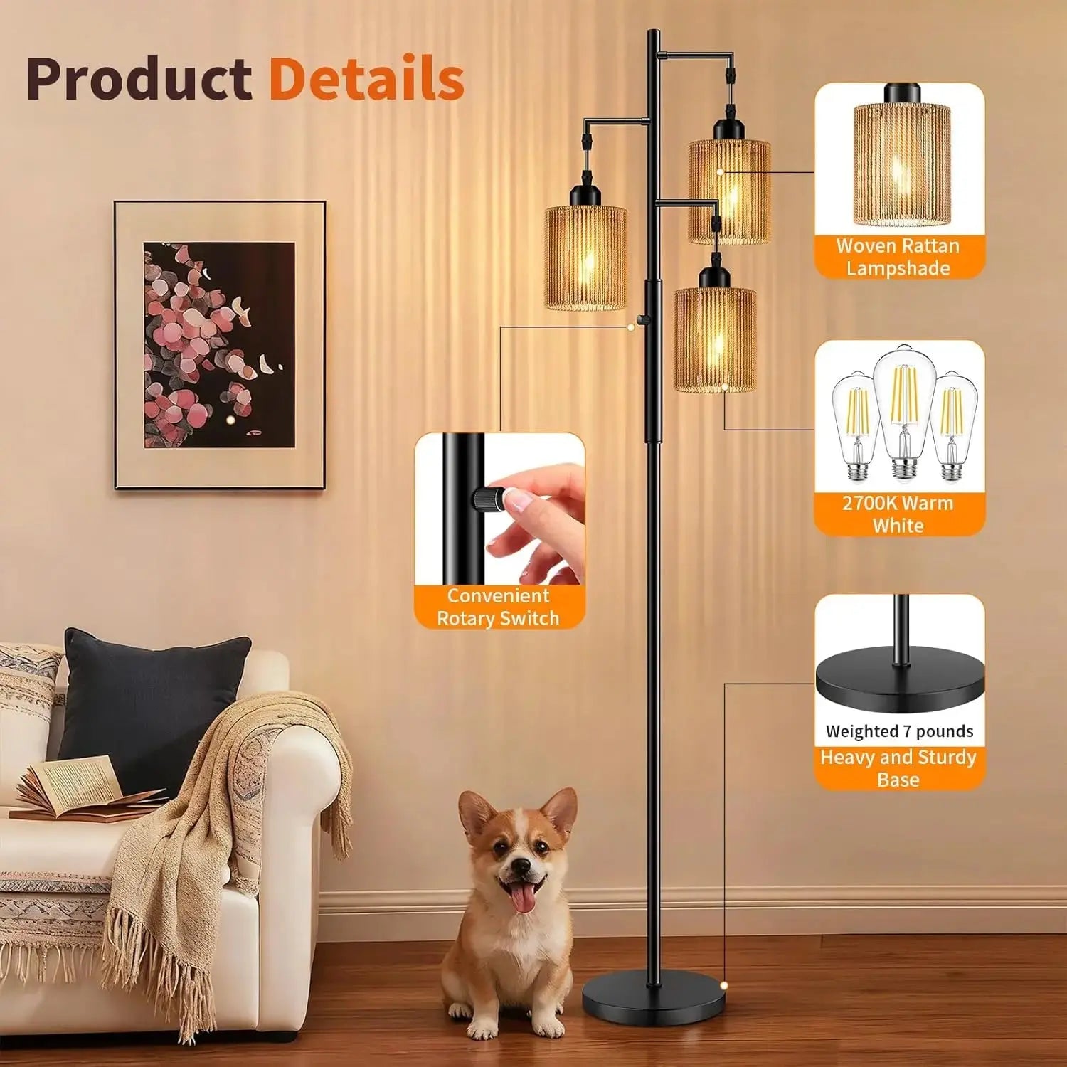 72" Rattan Boho LED Dimmable Floor Lamp comfydesigners