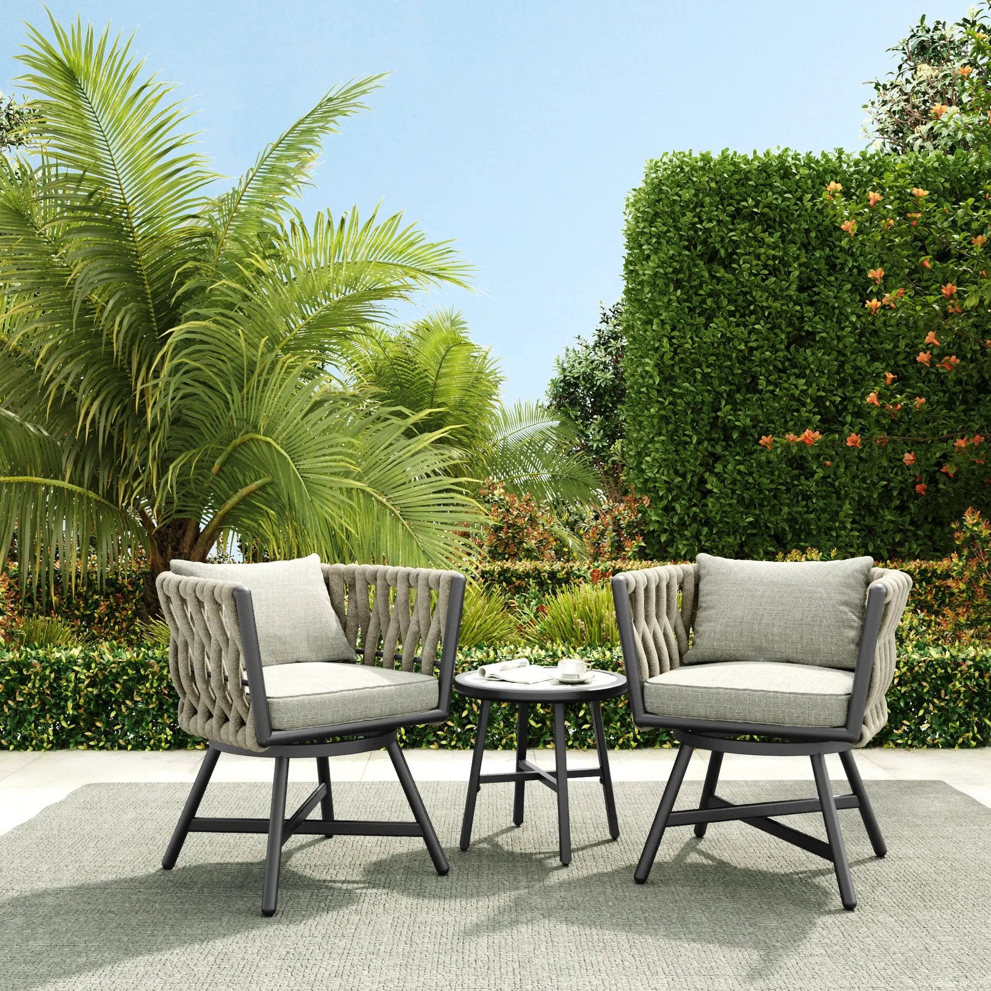 Where Boho Meets the Backyard — Set of 2 360° Swivel Rope Wicker Patio Chairs with Cushions comfydesigners