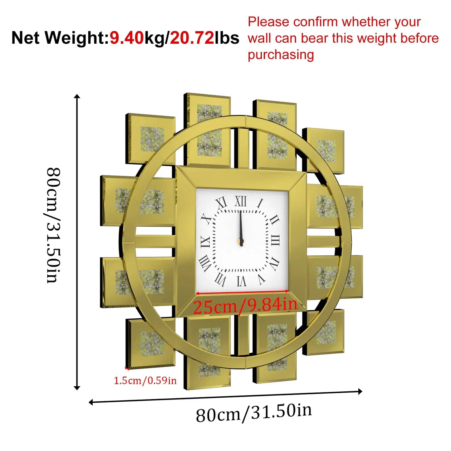 Crushed Diamond Mirrored Silent Wall Clock comfydesigners