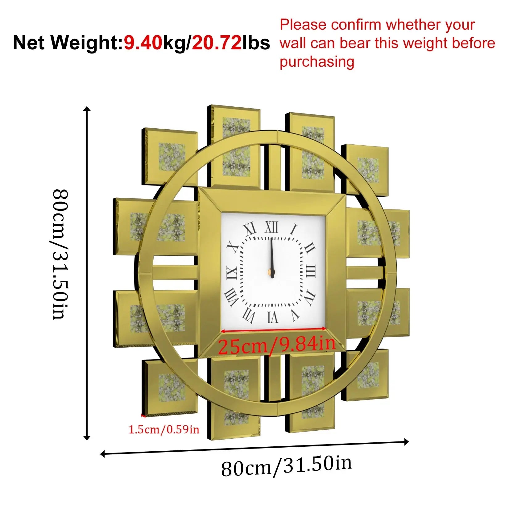 Crushed Diamond Mirrored Silent Wall Clock comfydesigners