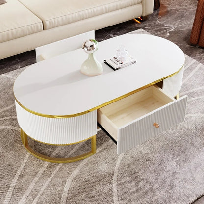 Oval Coffee Table — Gold Accents & Drawers