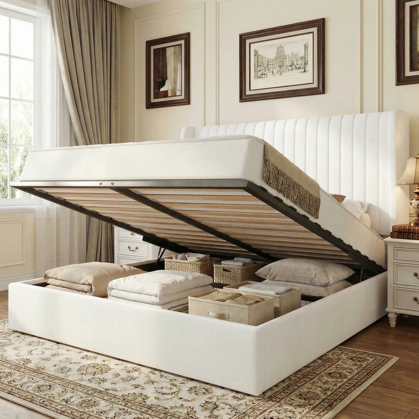 Lift-Up Storage Bed Frame with Velvet Headboard