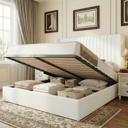 Lift-Up Storage Bed Frame with Velvet Headboard