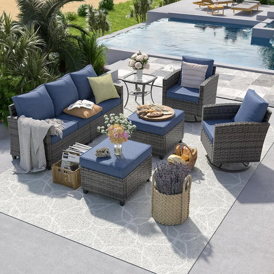 6-Piece Rattan Patio Sofa Set with Swivel Chairs