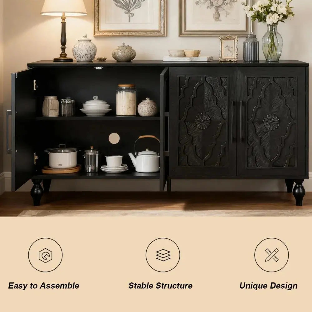 Sideboard Buffet Credenzas for Living Room, 63 Antique Black Entryway Table with Storage Accent Cabinet, Carved Flowers Doors & comfydesigners