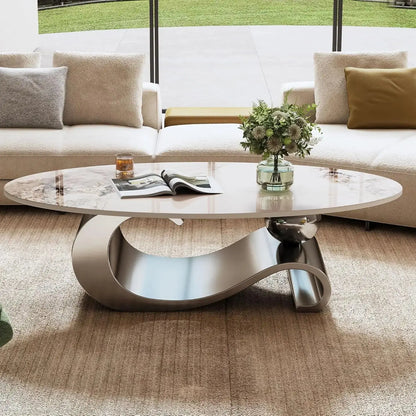 Oval Living Room Table with Faux Marble Top & Silver Stainless Steel Pedestal comfydesigners