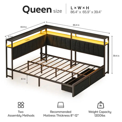 The Bed That Thought of Everything — Queen Corner Frame with Storage Drawers, LED & Charging Station comfydesigners