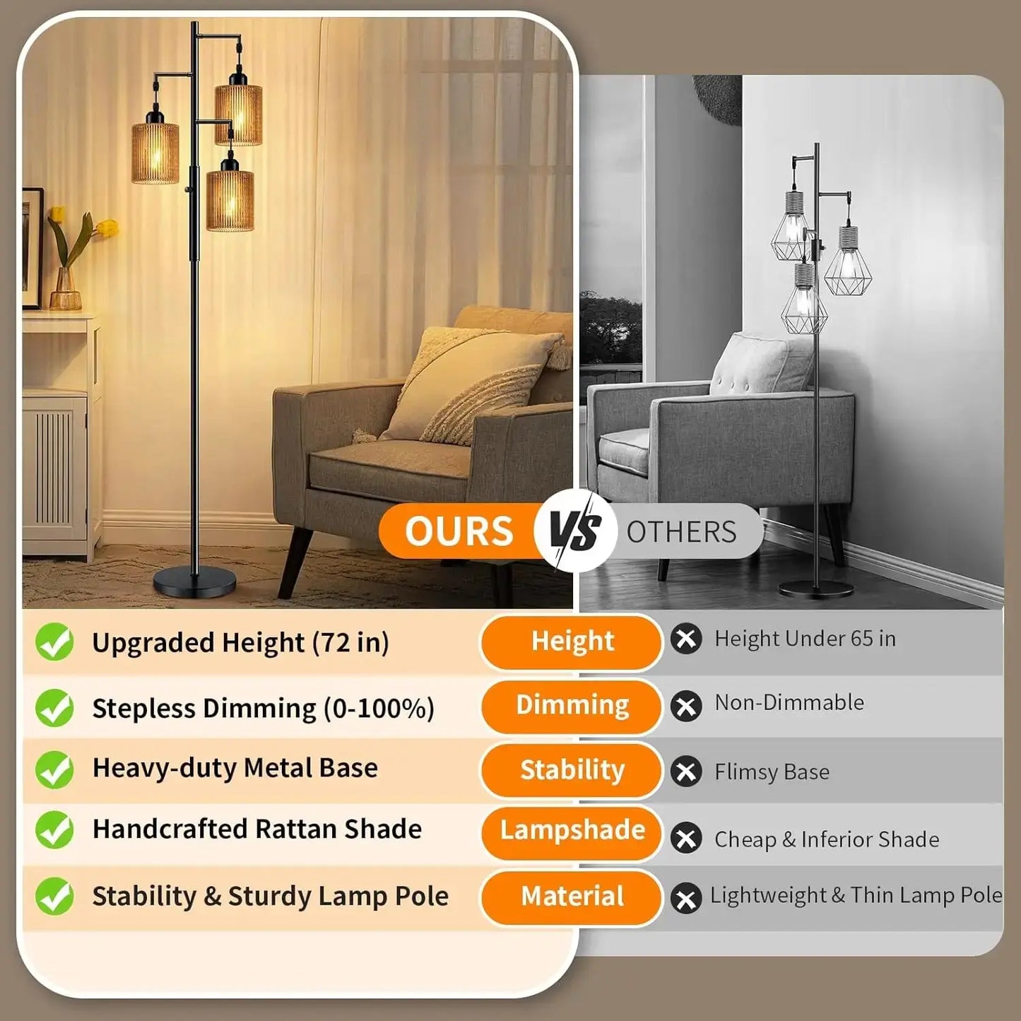 72" Rattan Boho LED Dimmable Floor Lamp comfydesigners