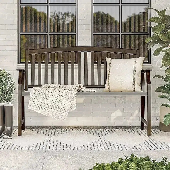 Sit. Stay. Enjoy. — 50" Rust-Resistant Farmhouse Outdoor Bench with Aluminum Seat & Iron Frame comfydesigners