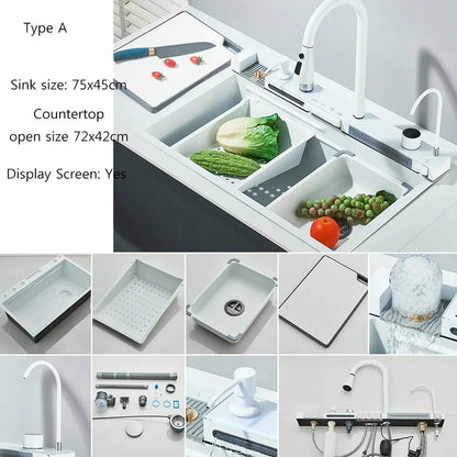 Waterfall Kitchen Sink Set with Built-In Water Purifier | Stainless Steel, Digital Display & Slide Rail — 3 Finishes comfydesigners