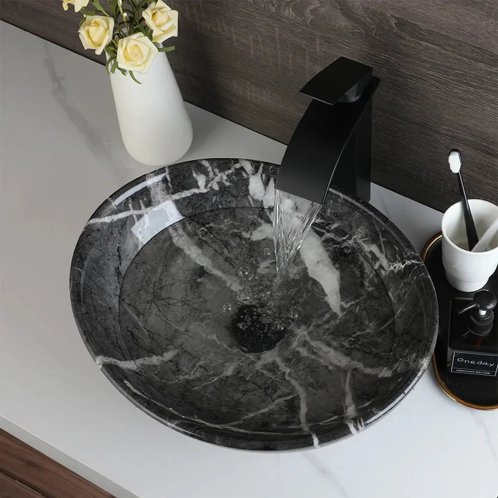 Hand-Painted Marble Ceramic Vessel Sink with Antique Brass Waterfall Faucet | Countertop Bathroom Sink comfydesigners