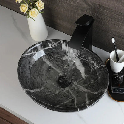 Hand-Painted Marble Ceramic Vessel Sink with Antique Brass Waterfall Faucet | Countertop Bathroom Sink comfydesigners