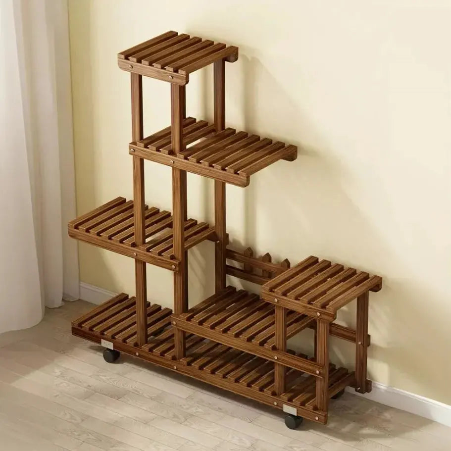 Multi-Layer Wood Plant Stand Outdoor/Indoor Rolling Flower Pot Holder comfydesigners