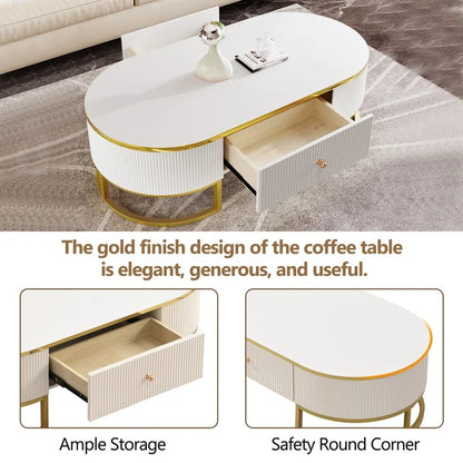 Oval Coffee Table — Gold Accents & Drawers