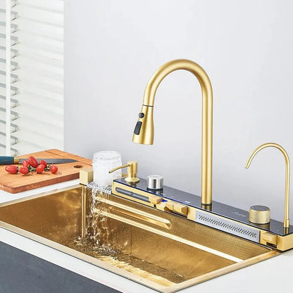 Waterfall Kitchen Sink Set with Built-In Water Purifier | Stainless Steel, Digital Display & Slide Rail — 3 Finishes comfydesigners