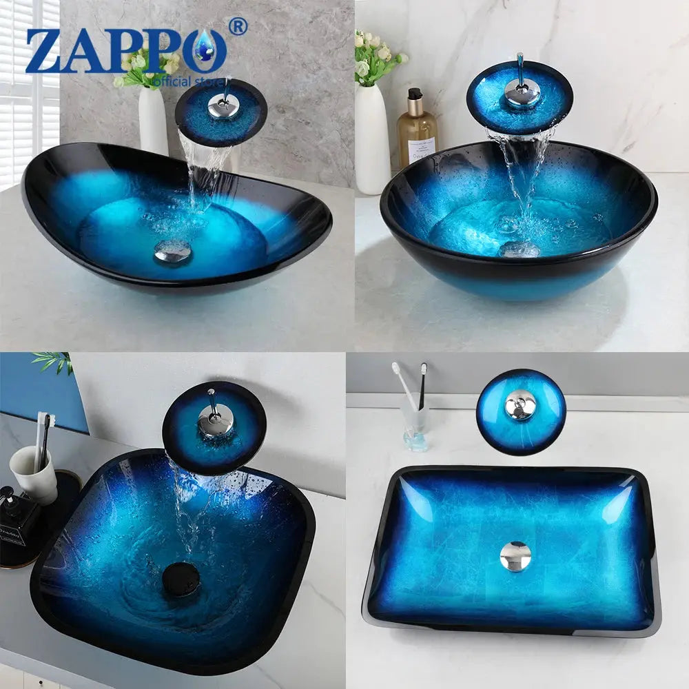Hand-Painted Tempered Glass Vessel Sink with Waterfall Black Faucet | 22" Countertop Bathroom Sink comfydesigners