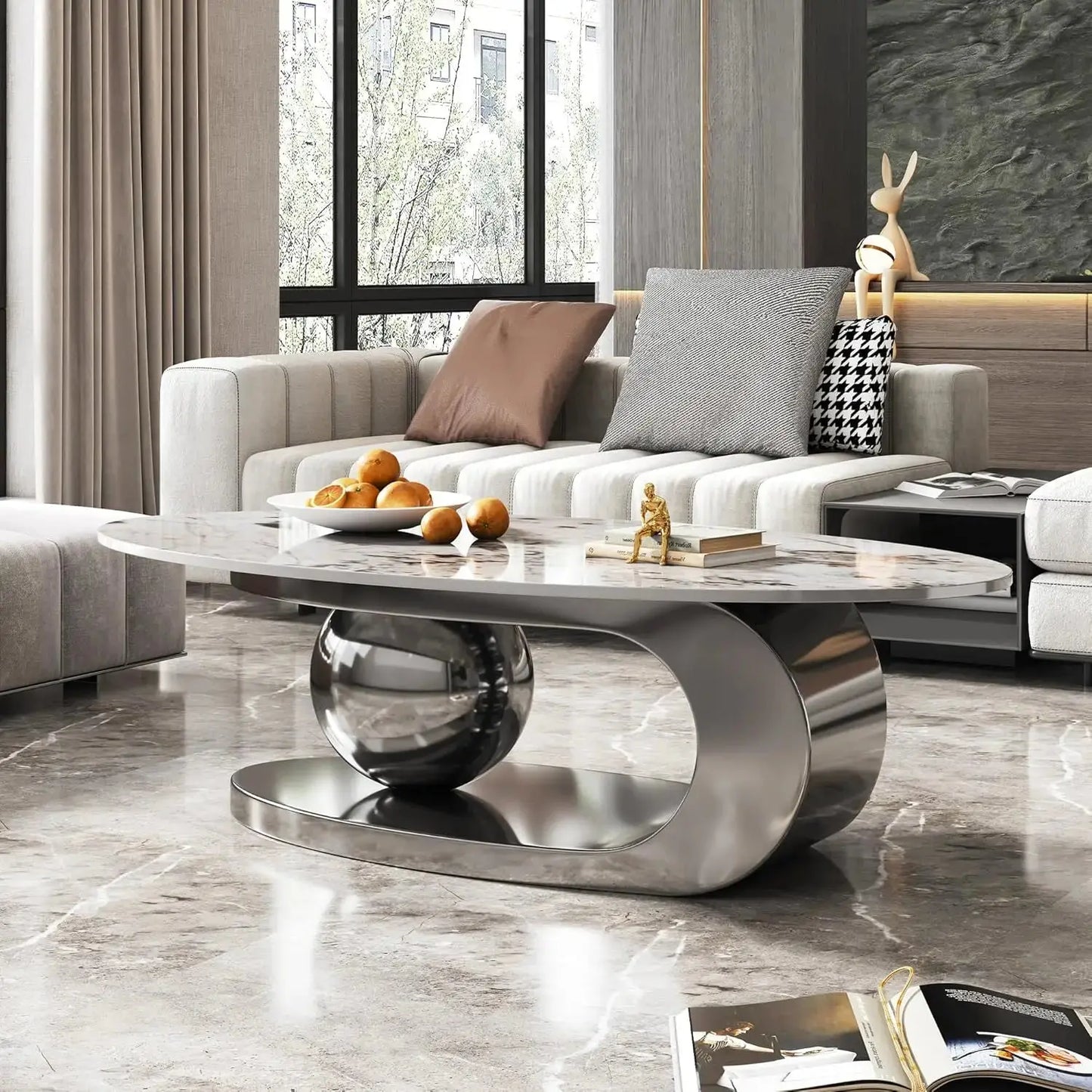 Oval Living Room Table with Faux Marble Top & Silver Stainless Steel Pedestal comfydesigners
