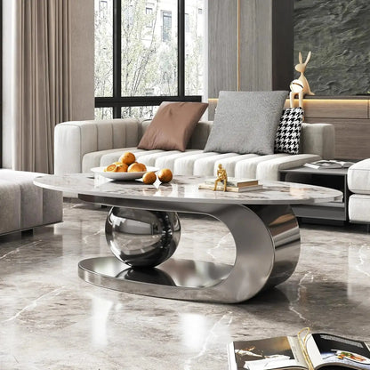 Oval Living Room Table with Faux Marble Top & Silver Stainless Steel Pedestal comfydesigners