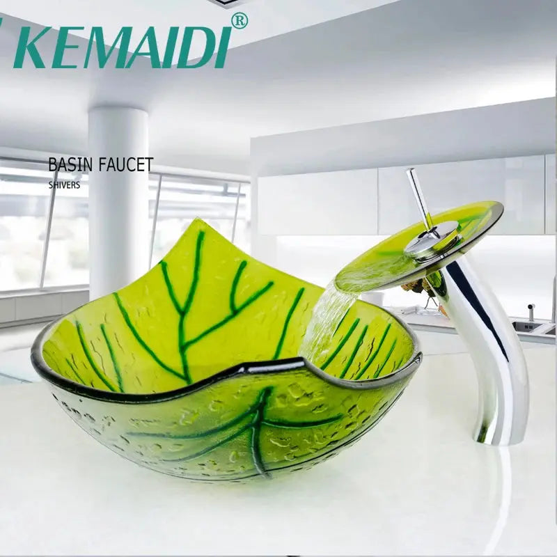 Leaf-Shaped Hand-Painted Glass Vessel Sink with Faucet | Nature-Inspired Countertop Bathroom Sink comfydesigners