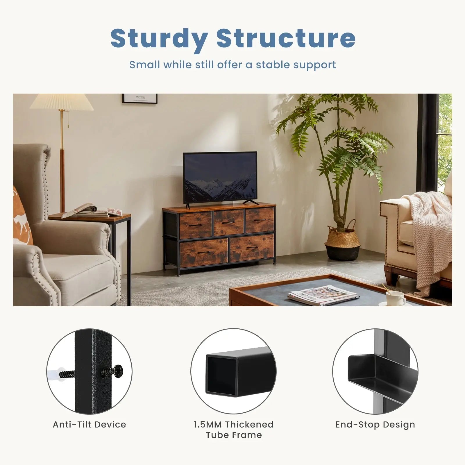 Refined Storage for the Modern Home — 5-Drawer Fabric Dresser with Steel Frame & Wooden Top comfydesigners