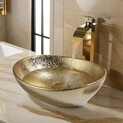 Hand-Painted Marble Ceramic Vessel Sink with Antique Brass Waterfall Faucet | Oval Countertop Bathroom Sink comfydesigners