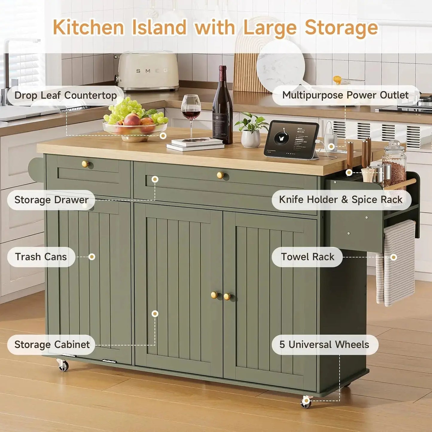 Rolling Versatile Kitchen Island with Power Outlet & Drop Leaf comfydesigners