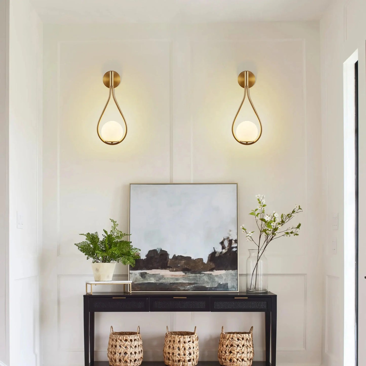 Luxury Golden Wall Sconces with Opal Glass Globe, Set of 2 comfydesigners