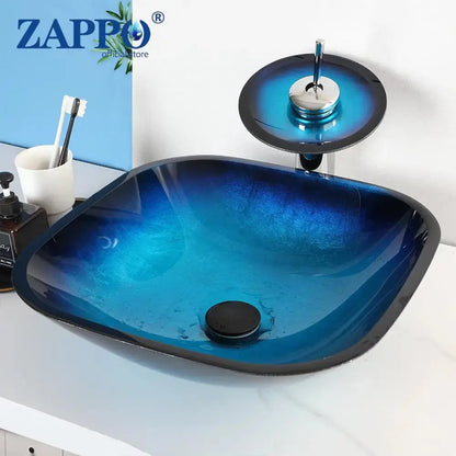 Hand-Painted Tempered Glass Vessel Sink with Waterfall Black Faucet | 22" Countertop Bathroom Sink comfydesigners